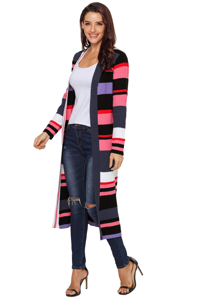 Multicolor Striped Colorblock Open Front Long Cardigan