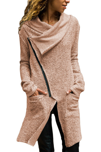 Womens Khaki Zippered Shawl Collar Jacket