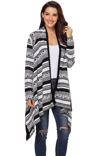 Black Draped Azetc Print Open Front Cardigan