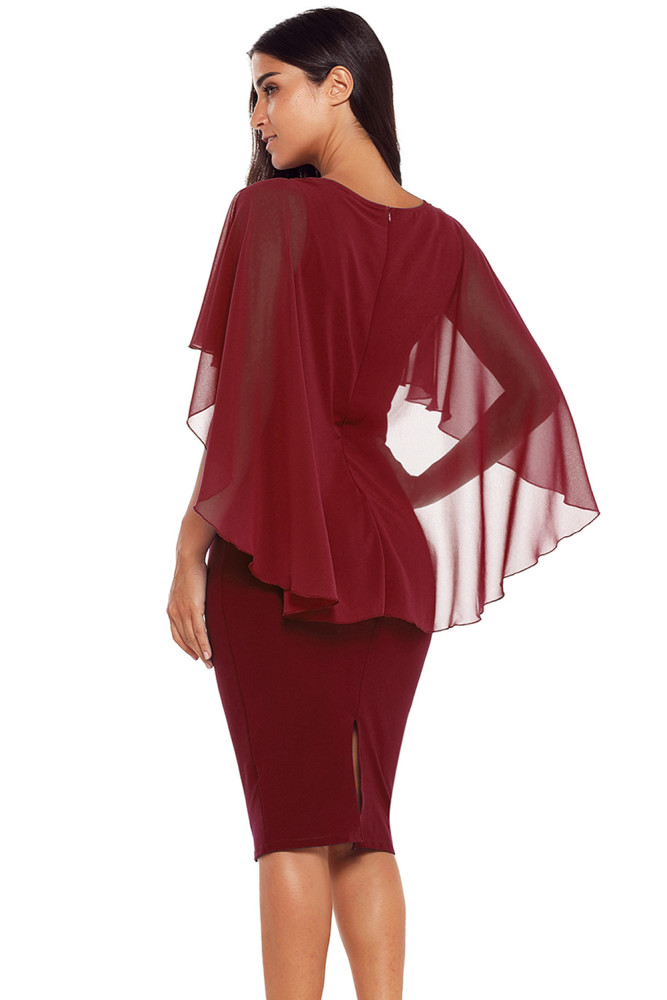 Burgundy Waist Pleats Rhinestone Detail Midi Dress