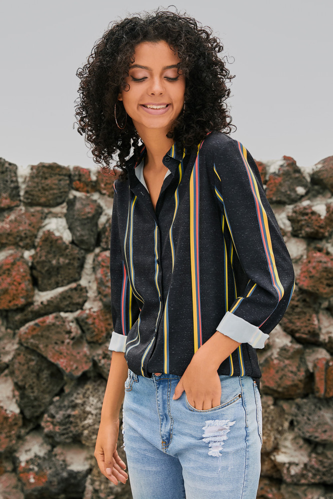 Yellow Charcoal Striped Modern Women Shirt