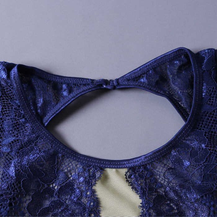 Blue Sheer Lace Mesh Cutout 2pcs Lingerie Set