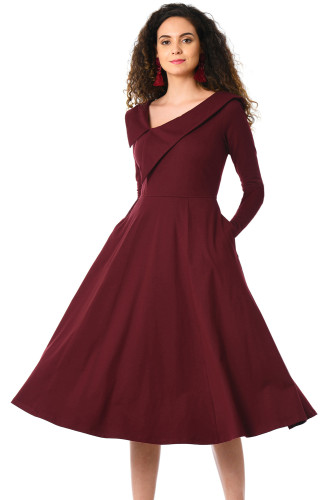 Burgundy Retro Inspired Asymmetric Collar Flared Dress