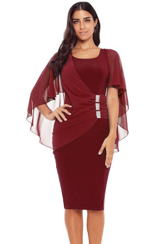 Burgundy Waist Pleats Rhinestone Detail Midi Dress