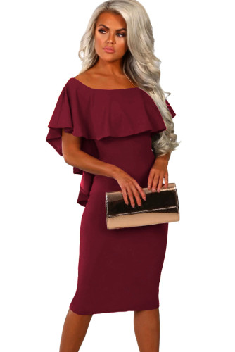 Burgundy Bow Poncho Overlay Bardot Midi Dress