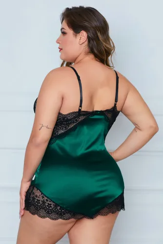 Green Lace Cups Silky Satin Plus Size Chemise