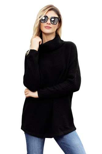 Black Ribbed Sleeves Turtleneck Sweater Pullover