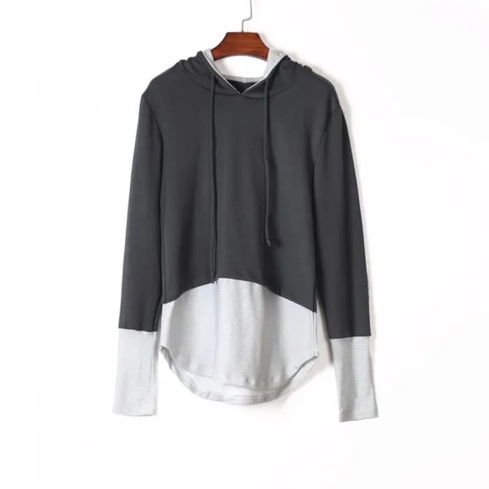 Pinstriped Patchwork Gray Thumbhole Sleeved Hoodie