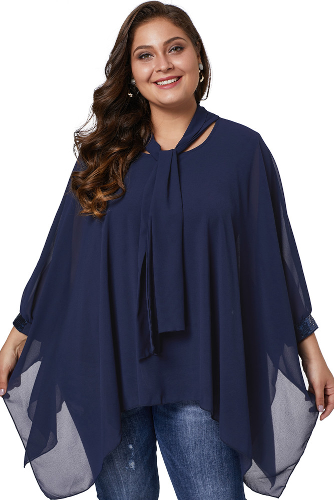 Navy Long Sleeve Chiffon Overlay Plus Size Blouse