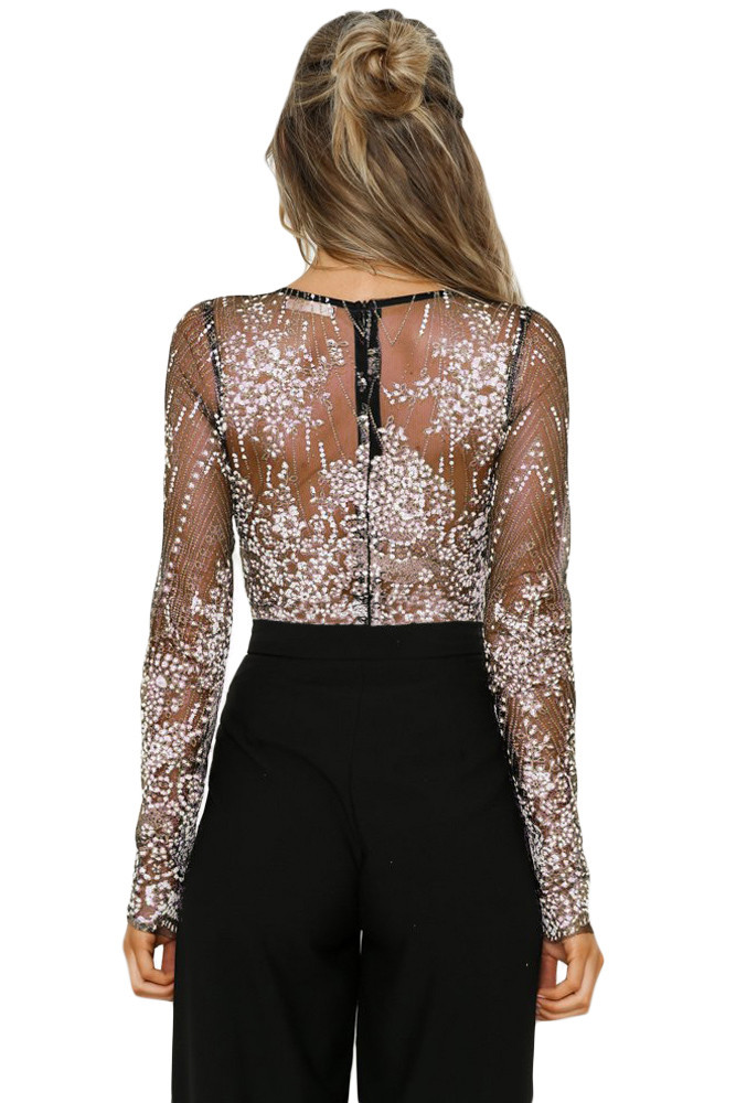 Black Sexy V Neck Sheer Rhinestone Bodysuit