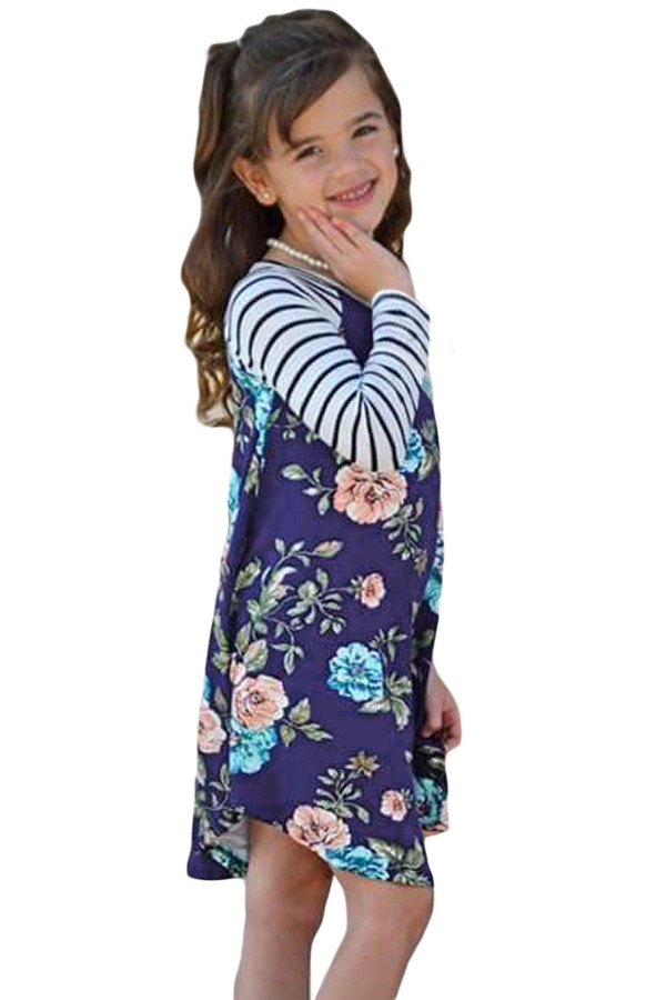 Blue Spring Fling Floral Striped Sleeve Short Dress for Kids