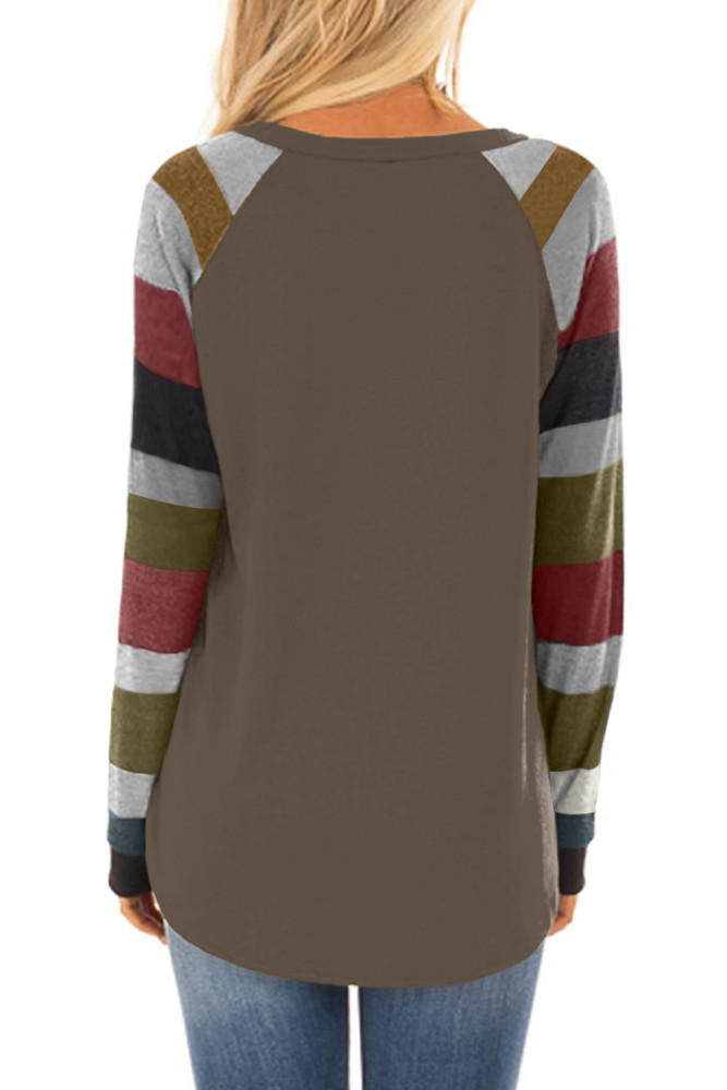 Color Block Long Sleeves Brown Pullover Top