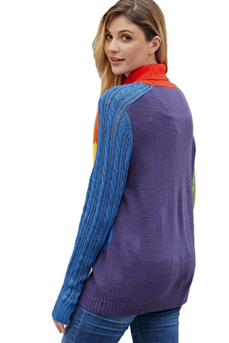 Asymmetric Cable Knit Sleeve Rainbow Striped Sweater