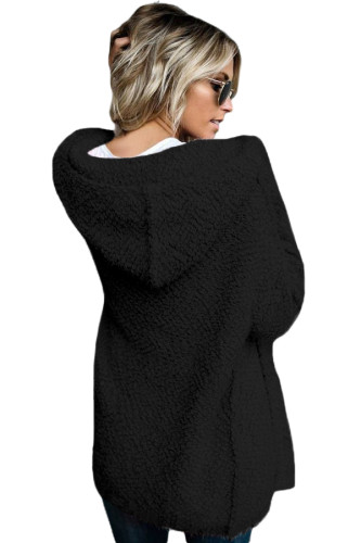 Black Fluffy Hooded Open Front Cardigan