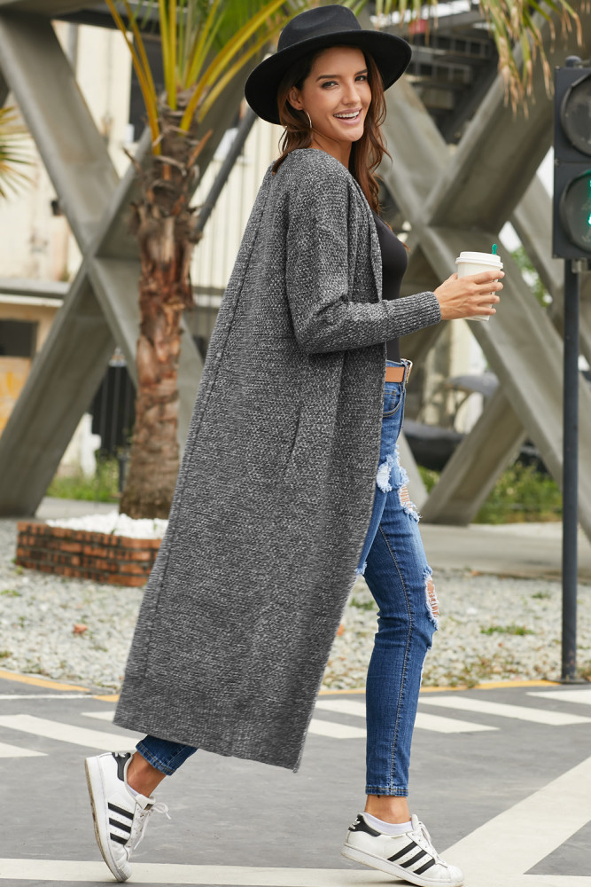 Gray Open Front Knit Long Cardigan