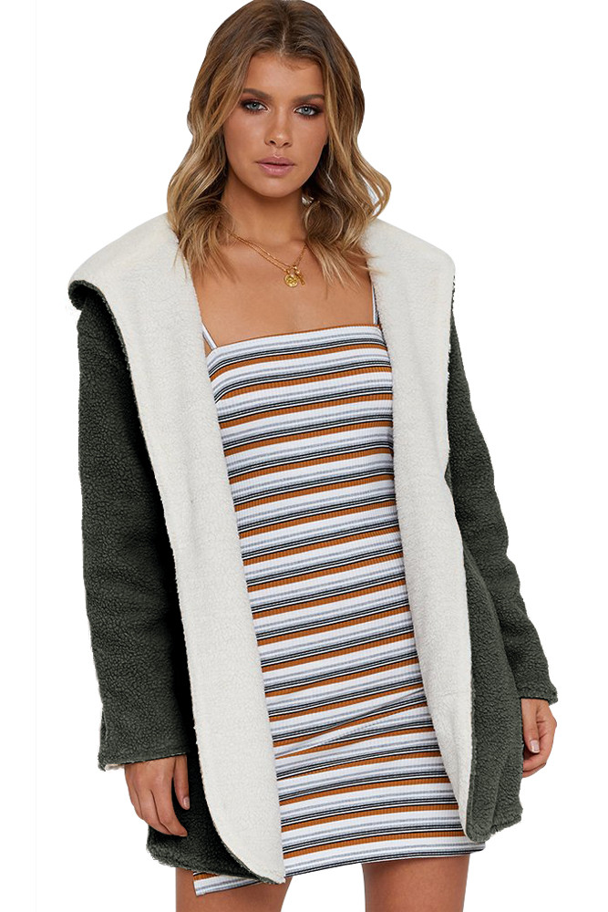Dark Olive White Lam Wool Hooded Coat