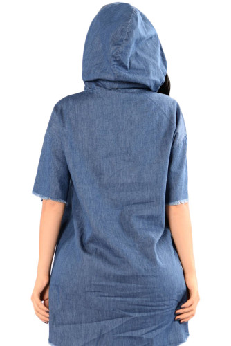 Casual Chic Denim Distressed Hoodie Dress