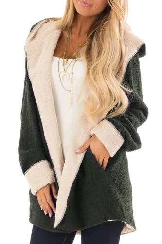 Dark Olive White Lam Wool Hooded Coat