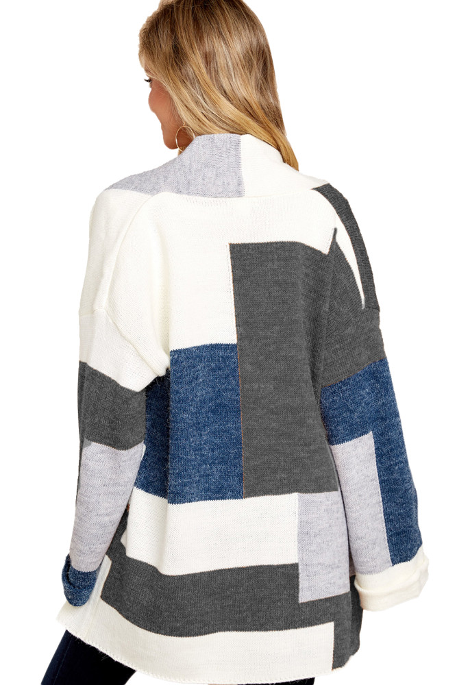 Gray Blue Multi Colorblock Open Front Cardigan
