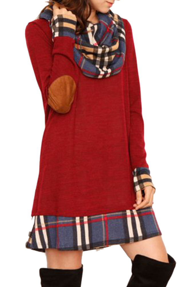 Red Plaid Elbow Patch Cowl Neck Dress