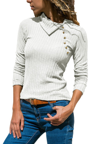 White Ribbed Knit Turn Down Collar Top