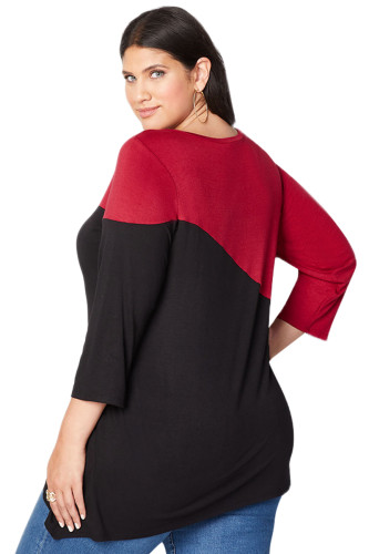 Red Black Asymmetric Color Block Plus Size Top