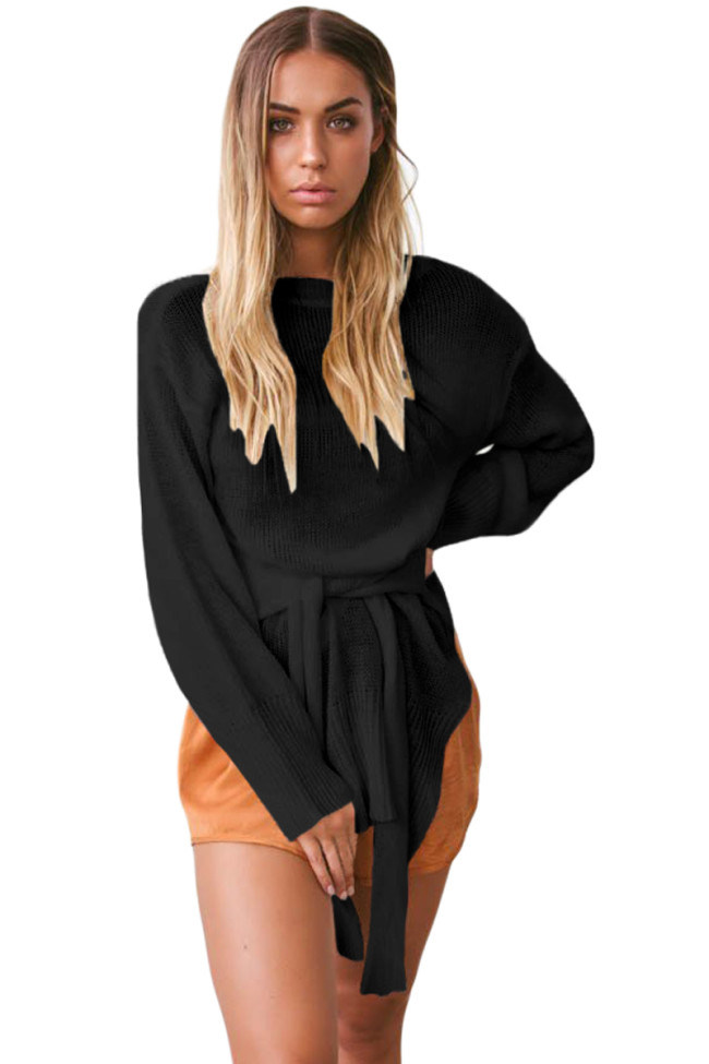 Black Side Split Belted Pullover Sweater