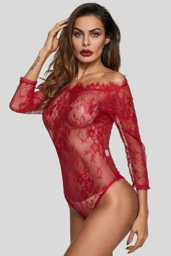 Burgundy Long Sleeve Embroidery Lace Bodysuit