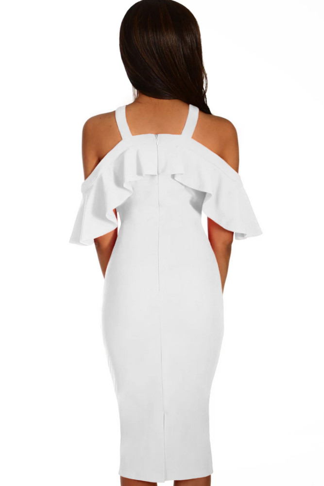 White Frill Cold Shoulder Midi Dress