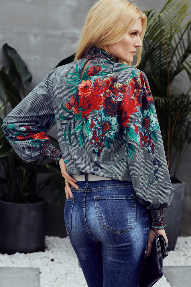 Gray Plaid Tropical Print Smocked Long Sleeve Blouse