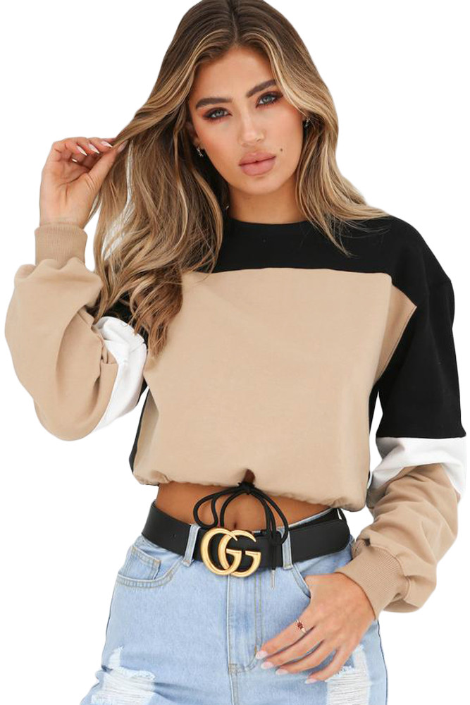Khaki Black Drawstring Cropped Colorblock Sweatshirt