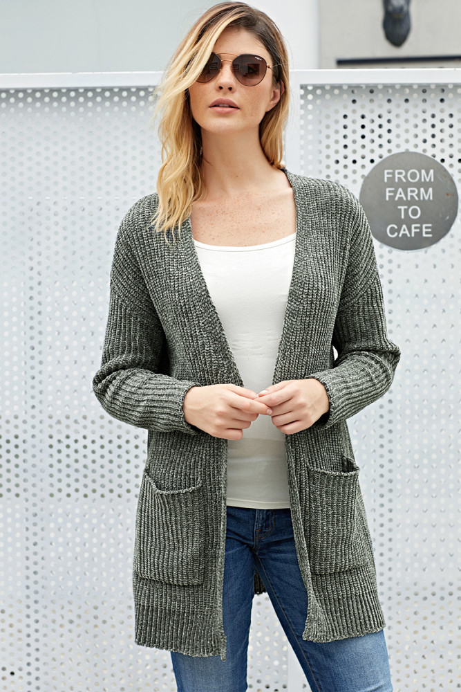 Grey Long Sleeved Sweater Cardigan with Pockets