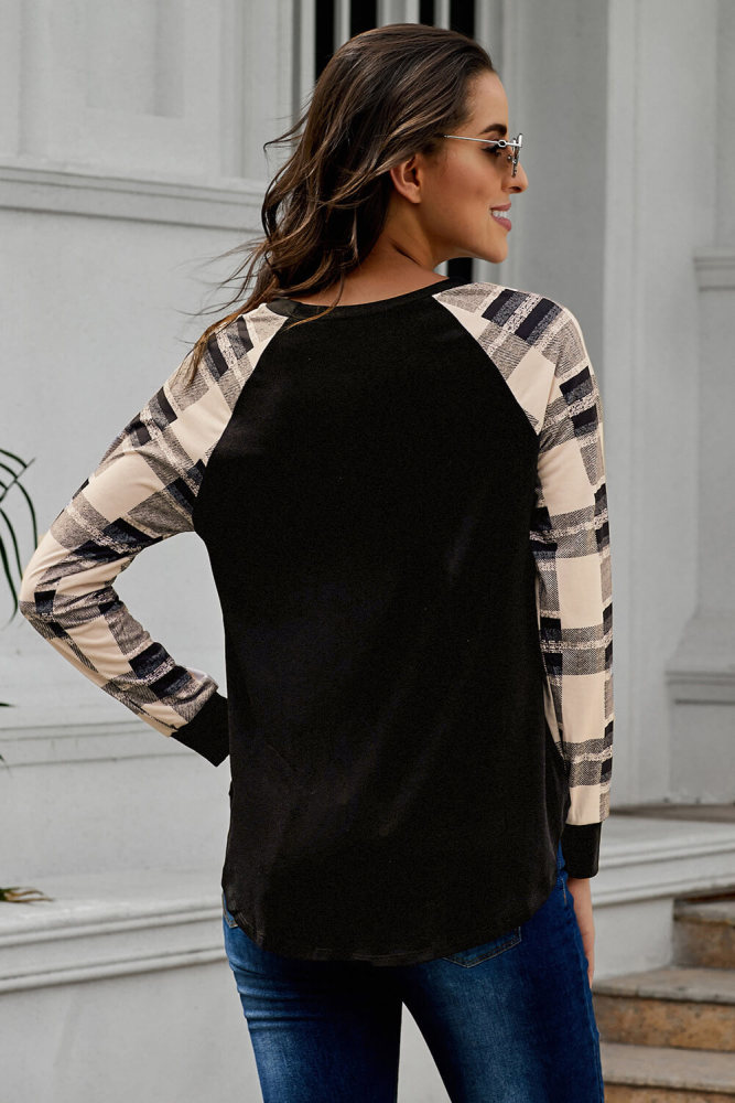 Monochrome Plaid Long Sleeves Black Pullover Top