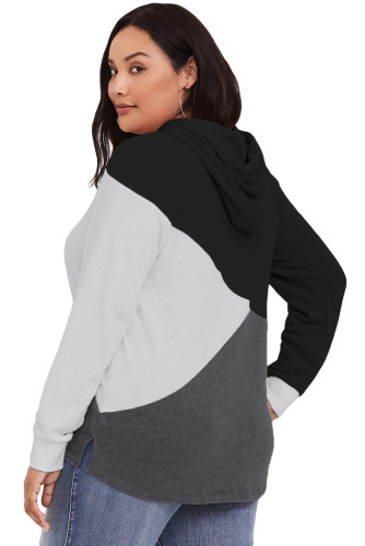 Black Hooded Tricolor Blocked Plus Size Top
