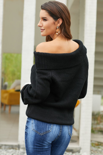 Black Turn-down Collar Show Shoulder Ribbed Sweater