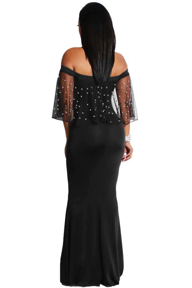 Pearl Mesh Flounce Black Mermaid Party Dress