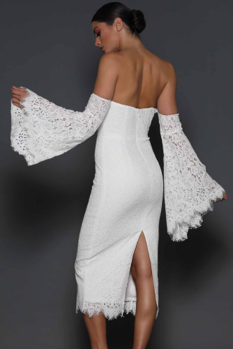White Embroidered Lace Bell Sleeve Midi Dress