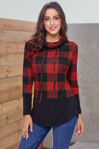 Red Black Plaid Cowl Neck Sweatshirt