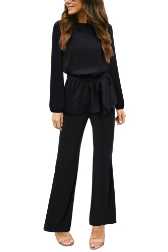 Black Tie Waist Peplum Long Sleeve Jumpsuit
