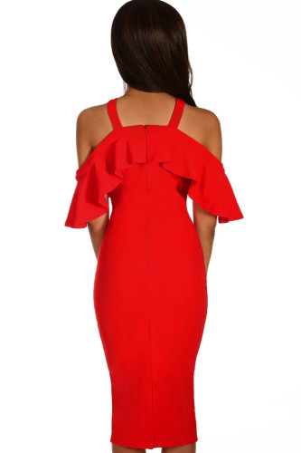 Red Frill Cold Shoulder Midi Dress