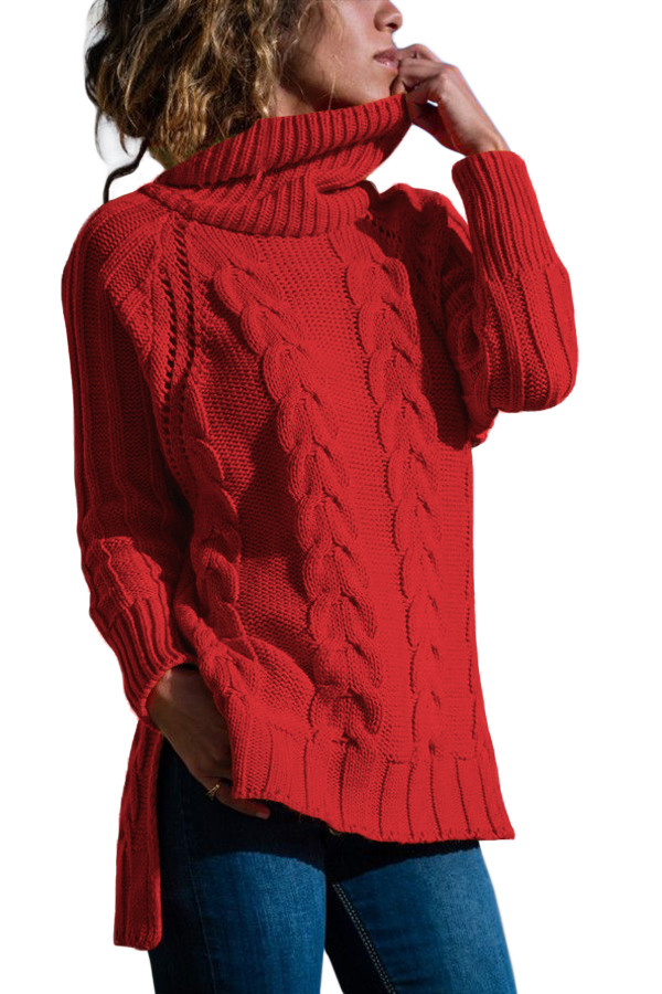Red Turtle Neck Long Tail Cable Sweater