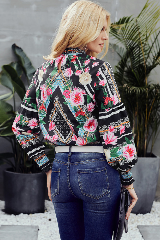 Black Bohemian Floral Print Smocked Long Sleeve Blouse