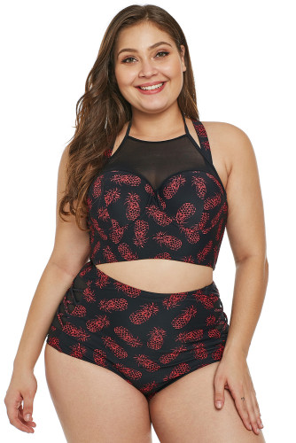 Pineapple Print Plus Size Halter Push up Lattice Mesh Swim Bikini