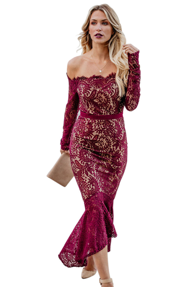 Burgundy Elegant Lace Trumpet Dress
