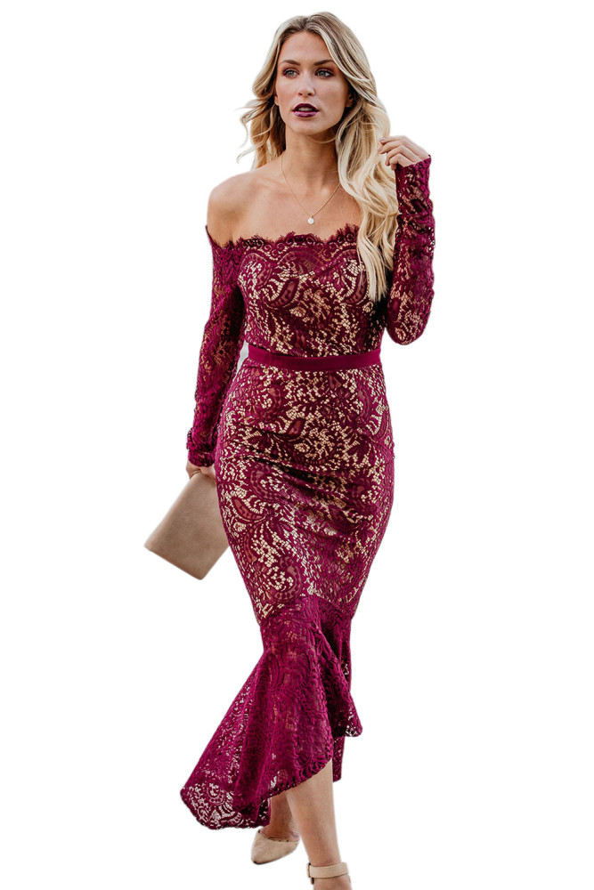 Burgundy Elegant Lace Trumpet Dress