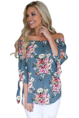 Sage Blue Floral Elastic Off Shoulder Top