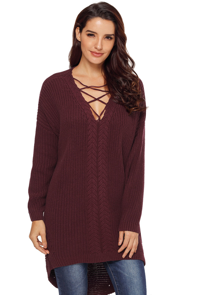 Wine Crisscross Oversize Sweater