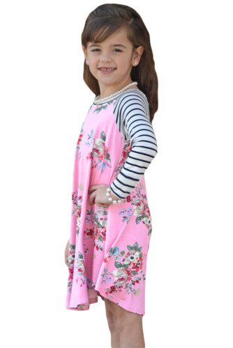 Pink Spring Fling Floral Striped Sleeve Short Dress for Kids