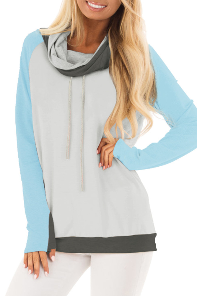 Light Blue Thumb Hole Sleeves Color Block Sweatshirt
