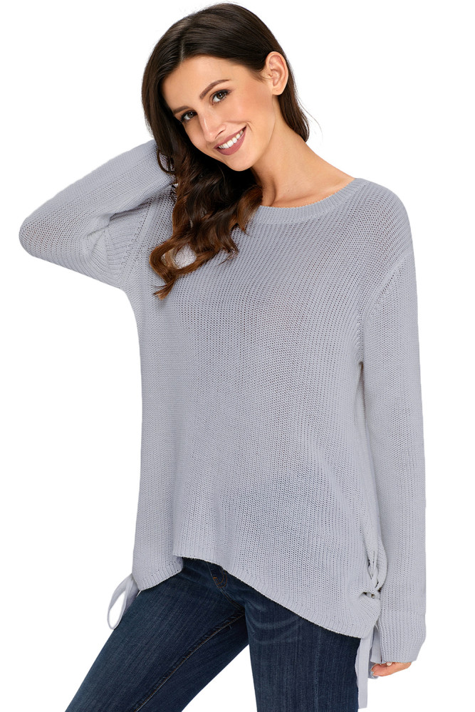 Gray Long Sleeve Lace up Sided Sweater